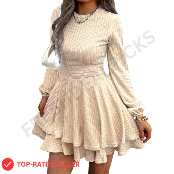 Dresses & Skirts - Long Sleeve Knit Dress Lantern Sleeve Crewneck Ruffle Flare A-Line Mini